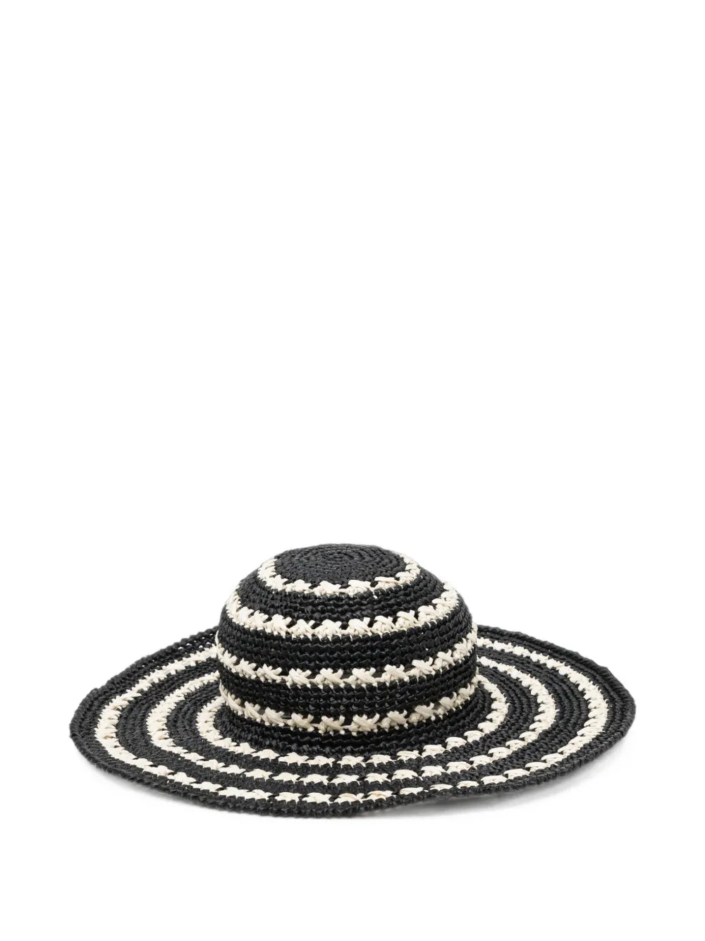 Prada crochet raffia sun hat with wide brim and striped design, perfect for sun protection and stylish summer wear.
