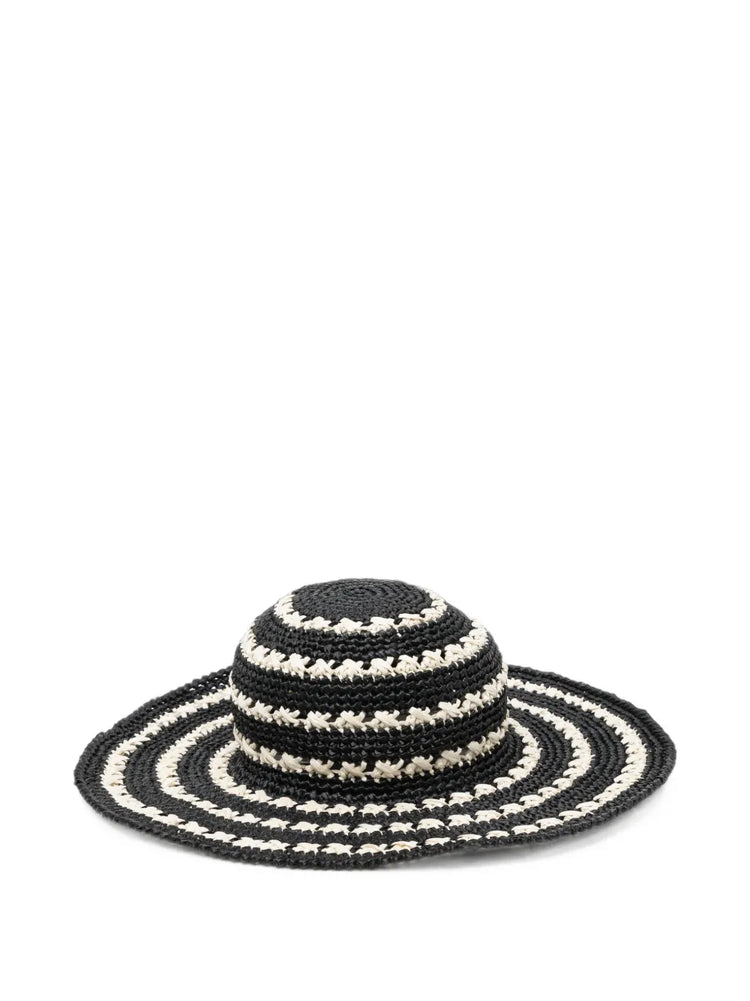 Prada crochet raffia sun hat with wide brim and striped design, perfect for sun protection and stylish summer wear.