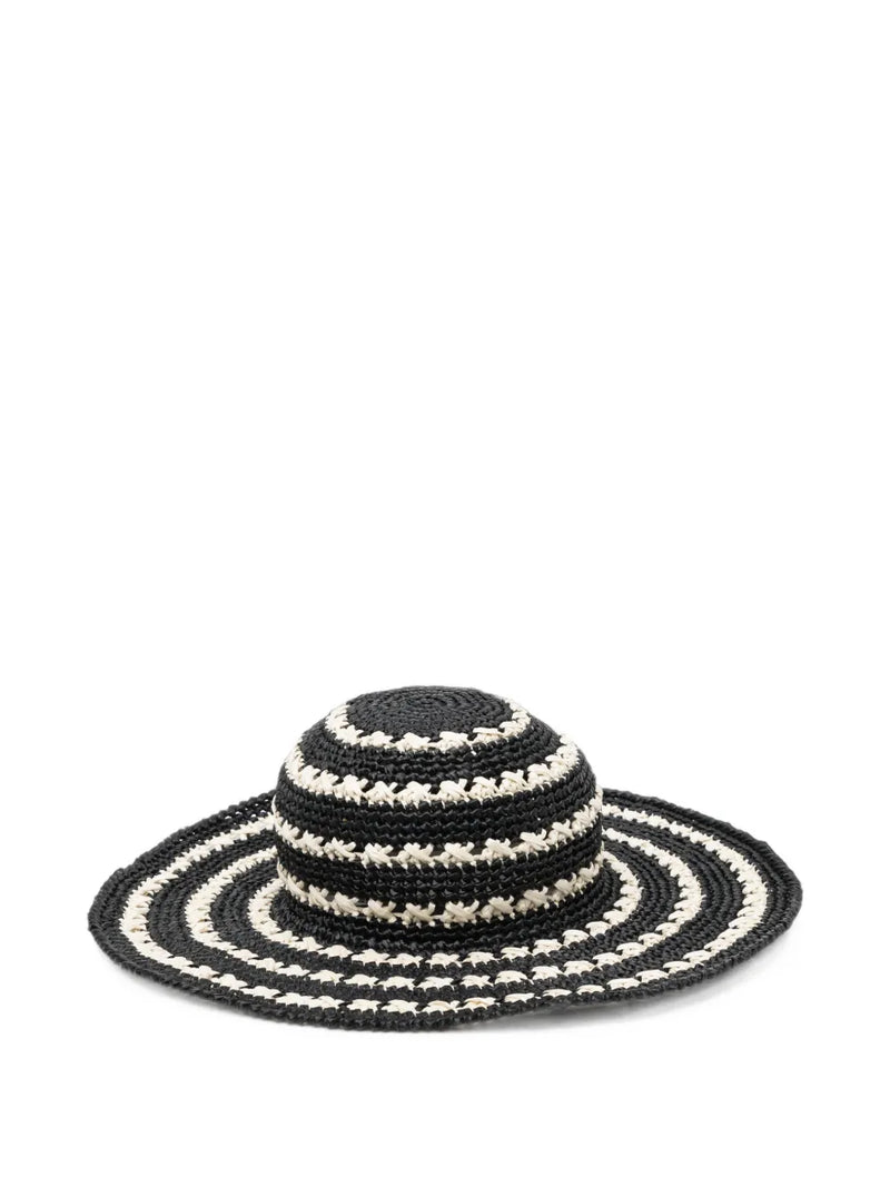 Prada crochet raffia sun hat with wide brim and striped design, perfect for sun protection and stylish summer wear.