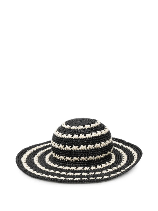 Prada striped crochet raffia sun hat with wide brim, stylish summer accessory for sun protection and fashion.