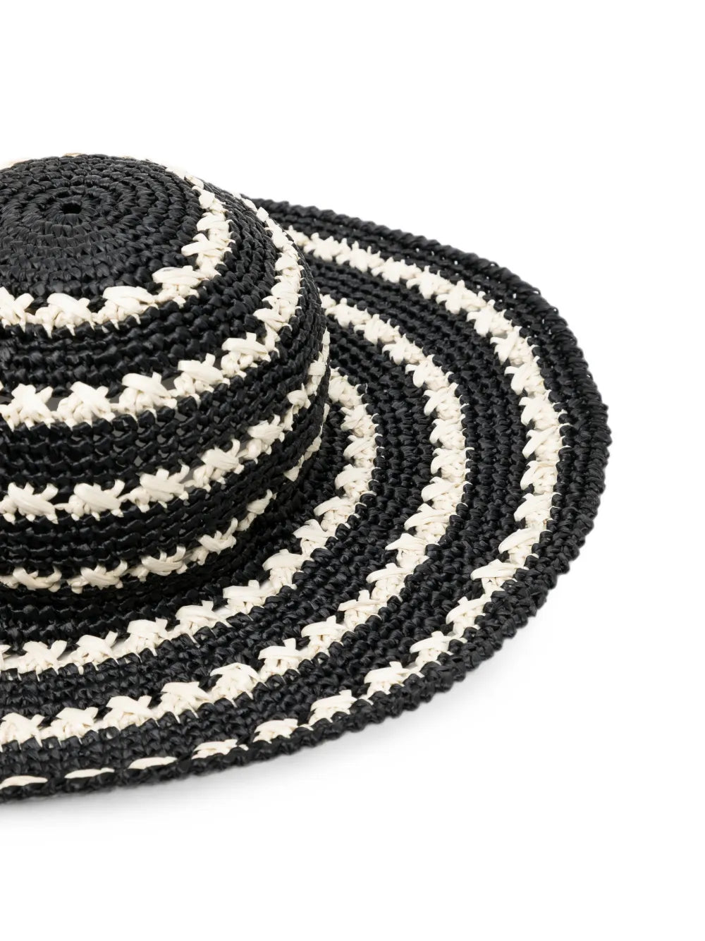 Prada striped crochet raffia sun hat with wide brim, perfect for summer sun protection and stylish outdoor wear.