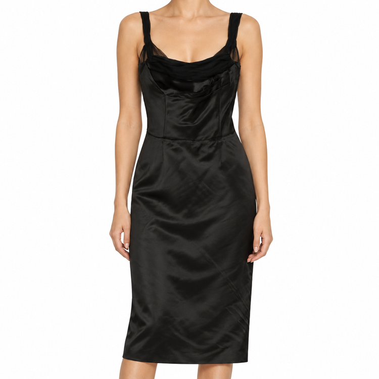 A structured bodice dress featuring tailored fit and elegant design, showcased on a model in a fashion photoshoot.