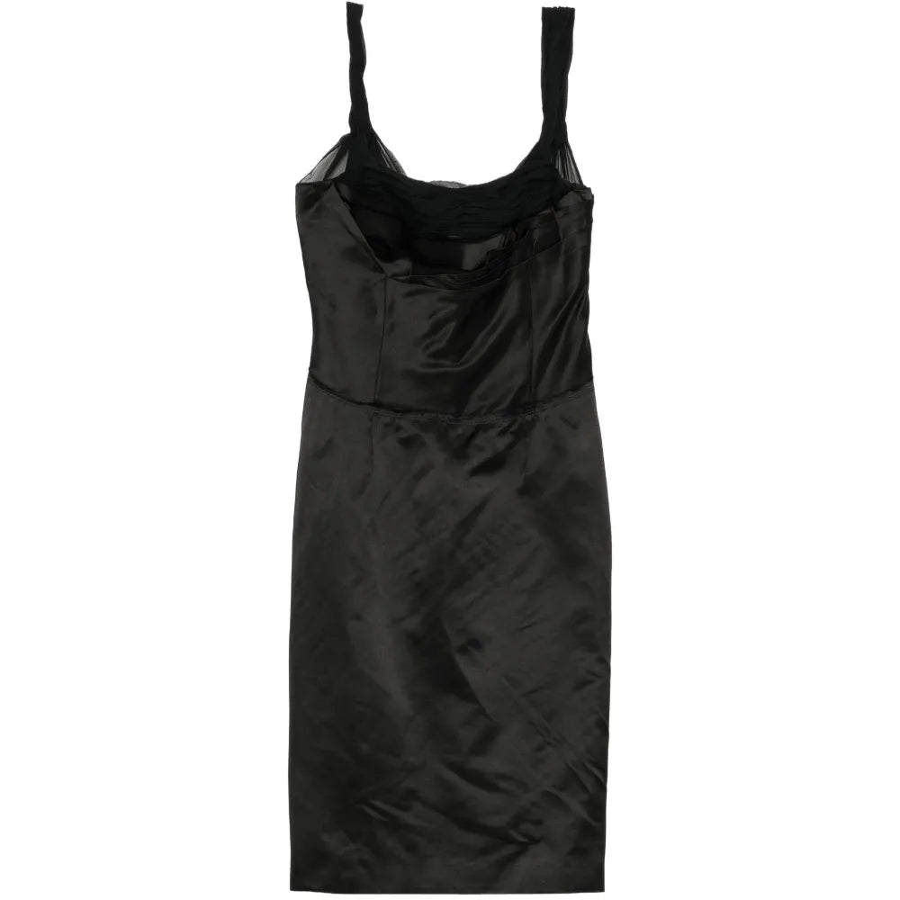 Prada structured bodice dress featuring tailored fit and elegant design, showcased on a model in a fashion photoshoot.