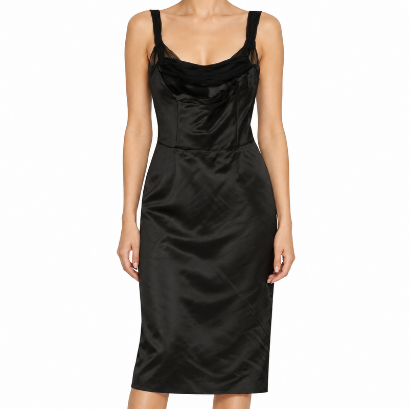 Prada structured bodice dress with tailored fit and elegant design, showcased on a model against a neutral background.