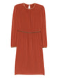Prada terracotta long sleeve dress with a fitted waist and elegant design, displayed on a hanger against a neutral background.