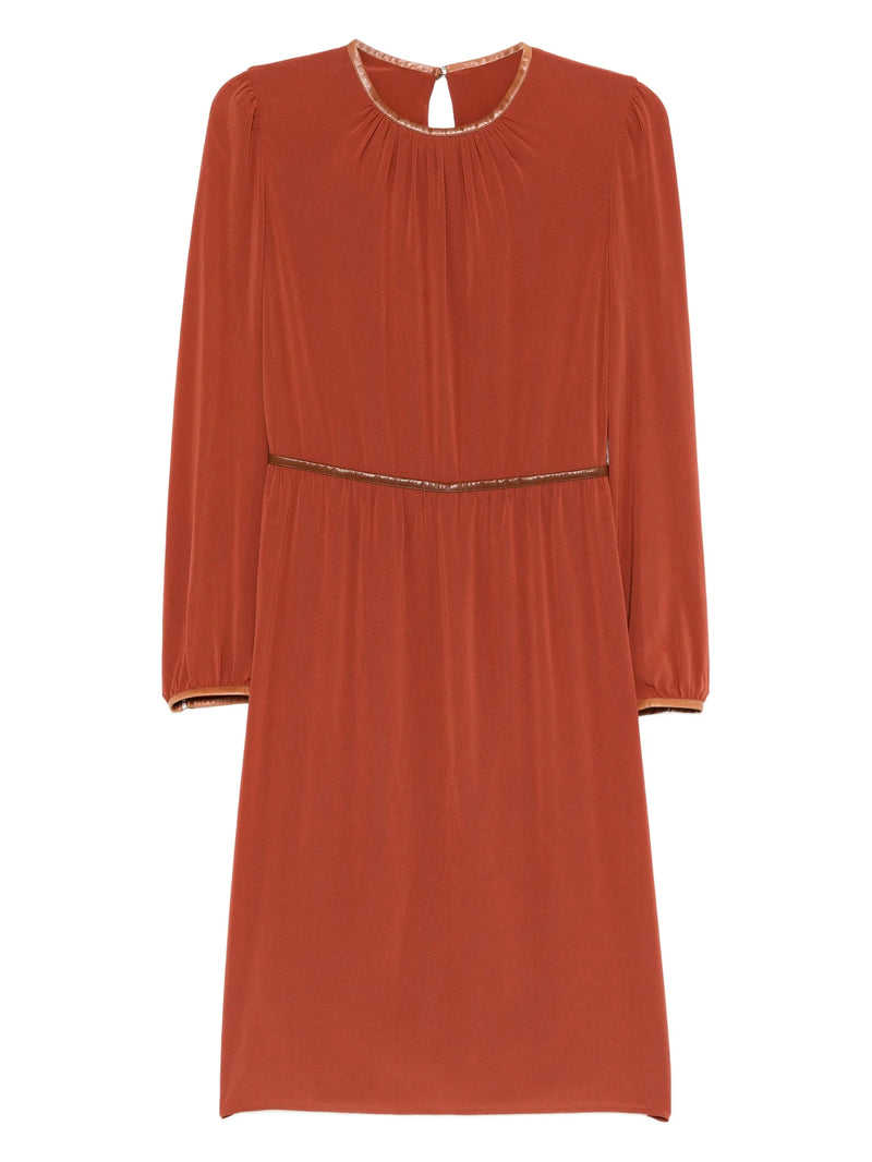 Prada terracotta long sleeve dress with a fitted waist and elegant design, displayed on a hanger against a neutral background.