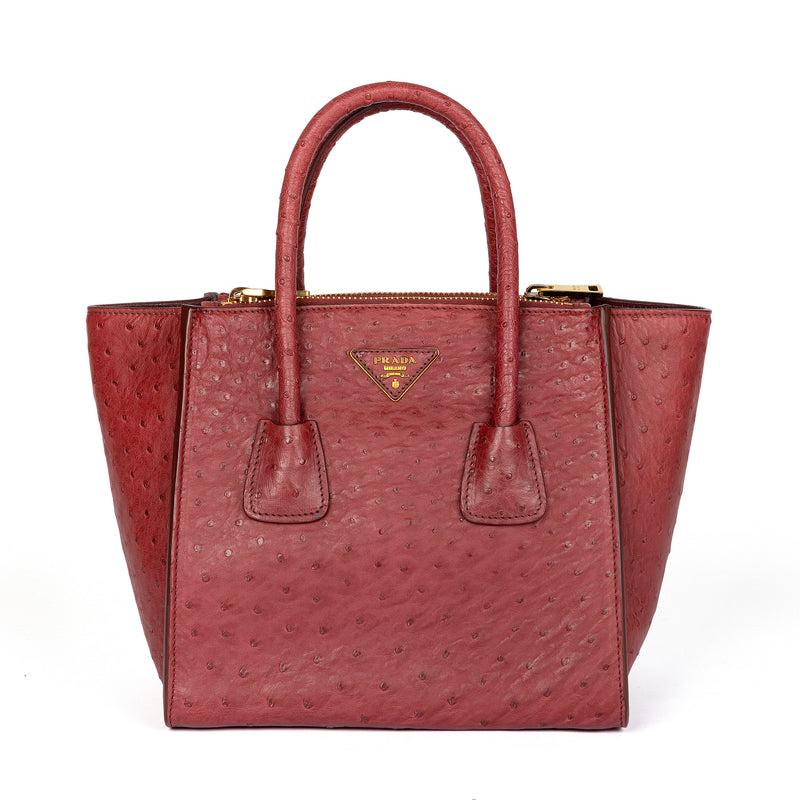 Prada twin pocket tote bag in red ostrich leather, front view