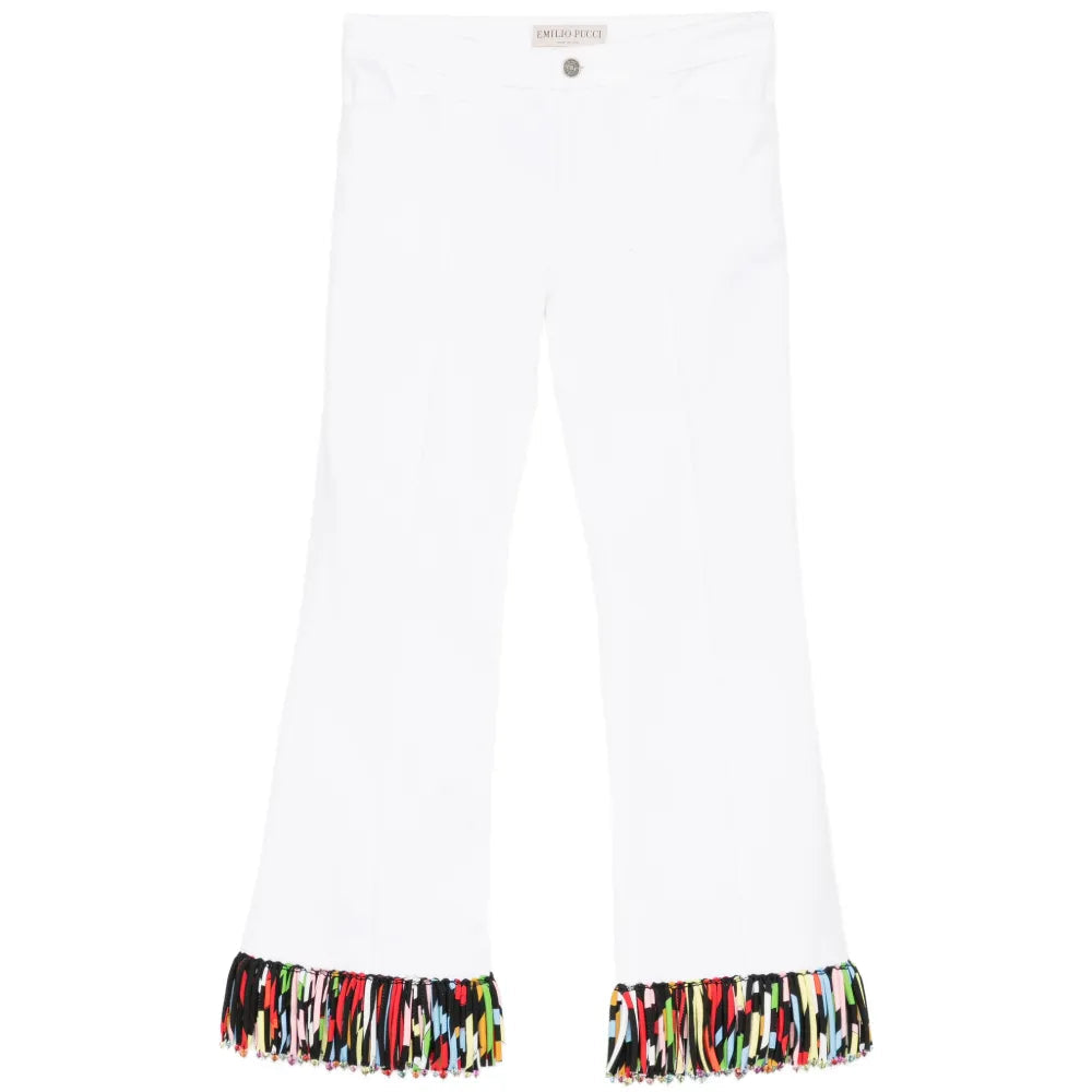Pre-owned PUCCI fringed straight-leg jeans with distressed details and classic denim wash, displayed on a hanger.