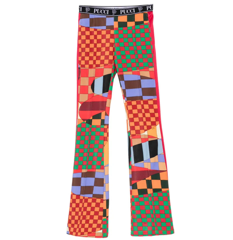 Emilio Pucci printed jersey flared trousers with bold pattern and relaxed fit, showcased on a plain background.