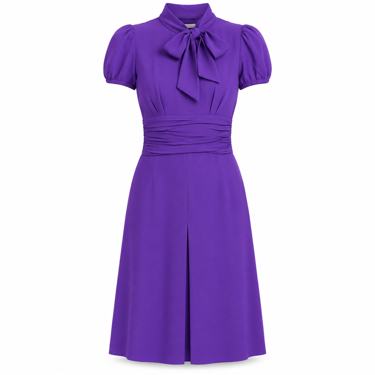 Purple Prada short-sleeve dress displayed on a hanger, showcasing a sleek, stylish design in vibrant purple fabric.