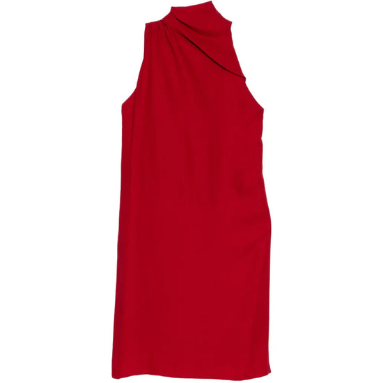 Gucci red halter neck dress, sleeveless with a fitted waist, showcasing elegant fabric and stylish design.