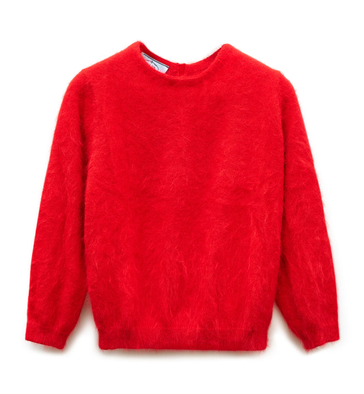 Red Prada angora blend knit sweater, cozy long-sleeve top with ribbed cuffs and neckline, stylish and warm winter clothing.