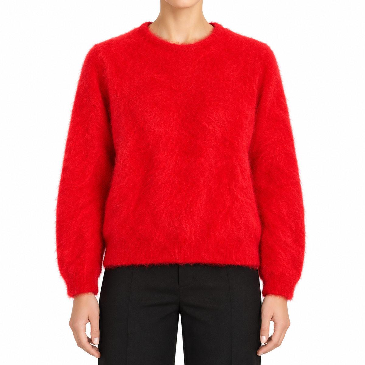Red Prada angora blend knit sweater, close-up of soft, cozy fabric with ribbed cuffs and neckline, ideal for stylish winter tops.
