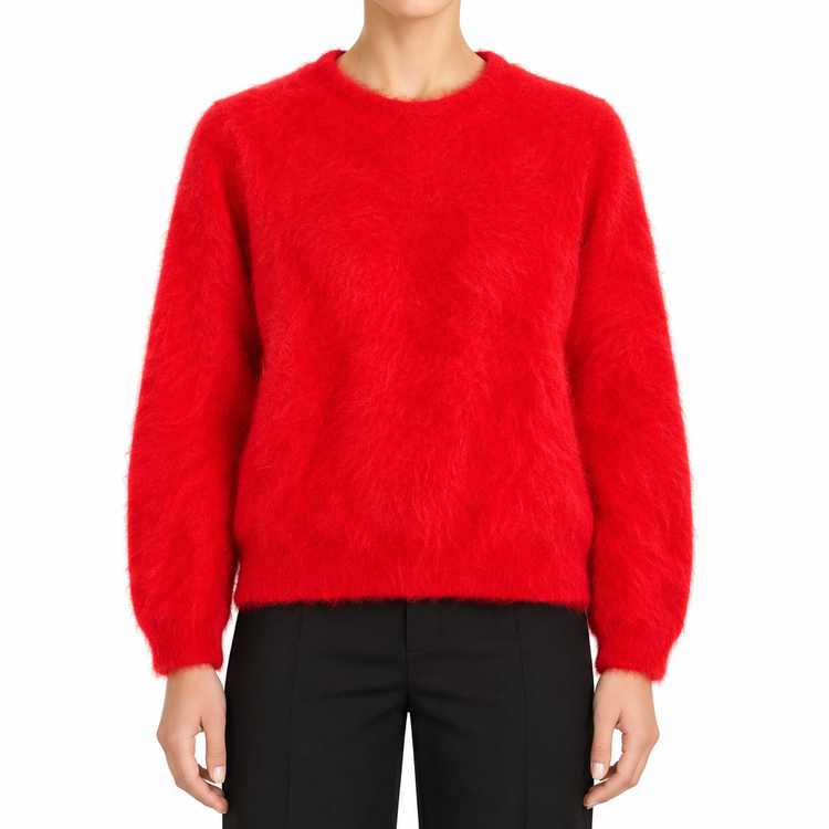 Red Prada angora blend knit sweater, close-up of soft, cozy fabric with ribbed cuffs and neckline, ideal for stylish winter tops.