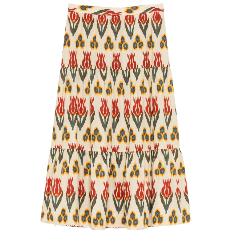Red Valentino tiered printed skirt with ruffle layers, showcasing vibrant floral patterns and flowing fabric.