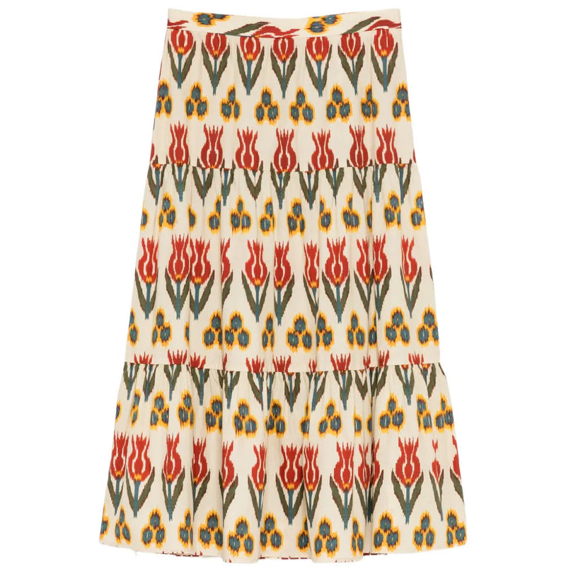 Red Valentino tiered printed skirt with ruffle layers, showcasing vibrant floral patterns and flowing fabric.