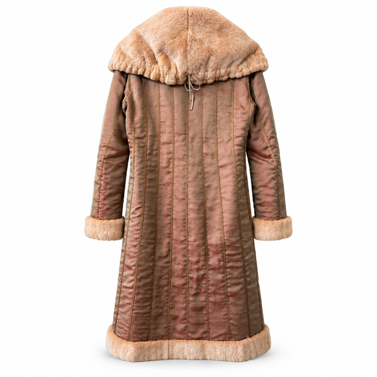 Fendi sheared mink fur reversible coat with rose bronze satin exterior, shown from the back.