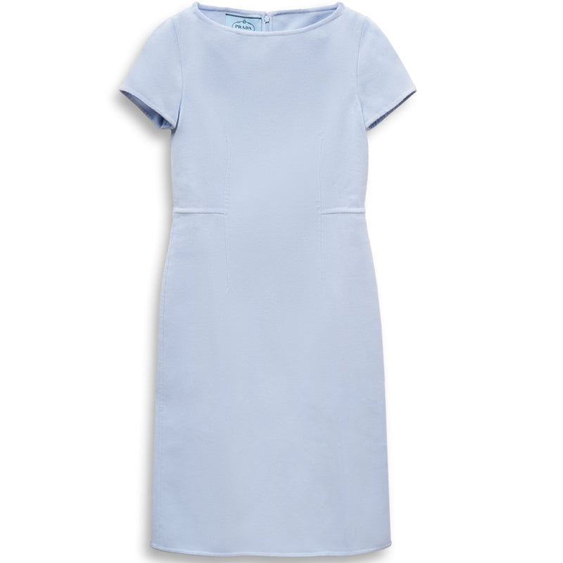 Baby blue Prada dress for girls, elegant sleeveless design with delicate fabric and subtle detailing, perfect for special occasions.