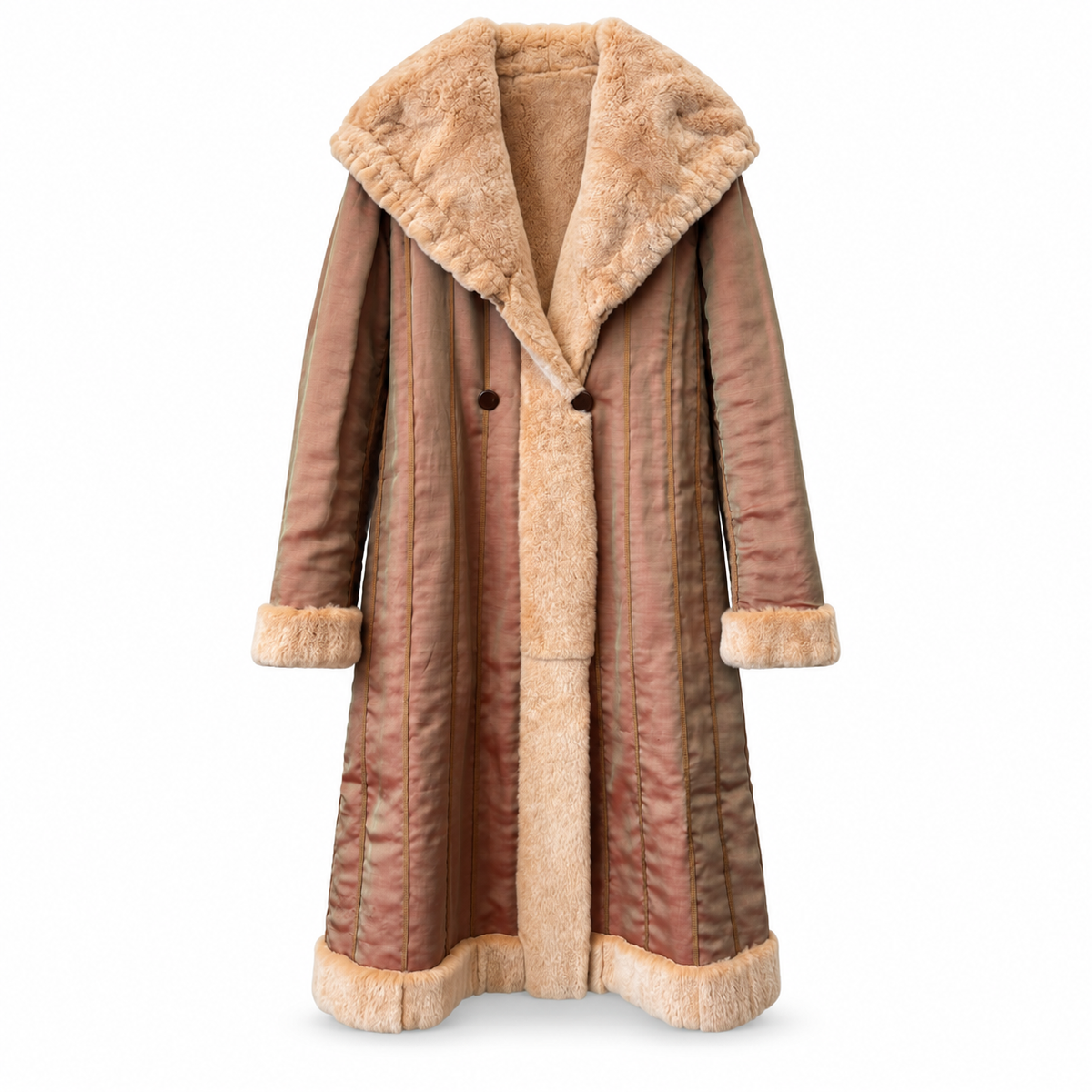 Fendi sheared mink fur reversible coat in rose-bronze satin, showing both polished satin and plush mink fur sides.
