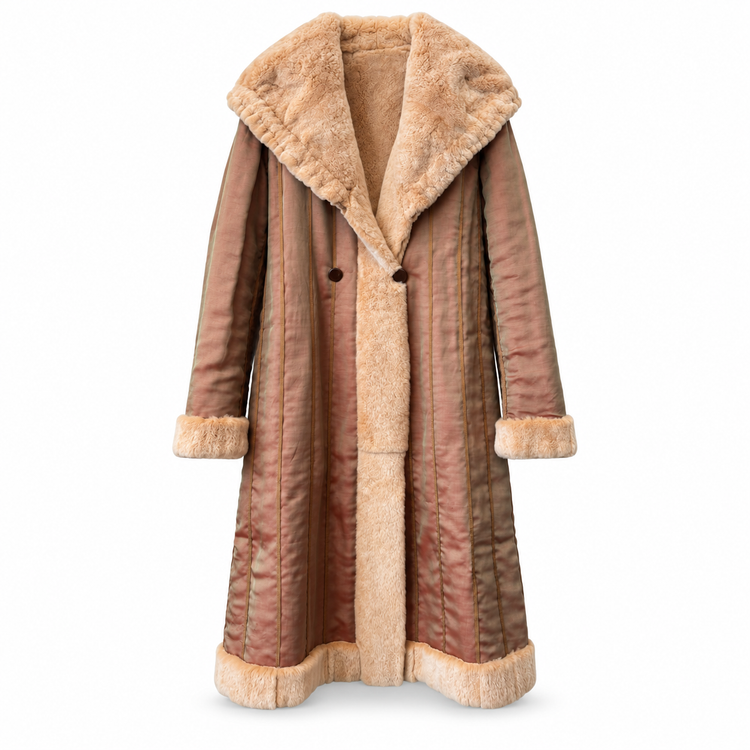 Fendi sheared mink fur reversible coat in rose-bronze satin, showing both polished satin and plush mink fur sides.