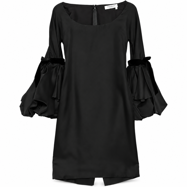 Black silk gothic bell sleeve dress by Saint Laurent with flowing sleeves and elegant design, perfect for sophisticated occasions.