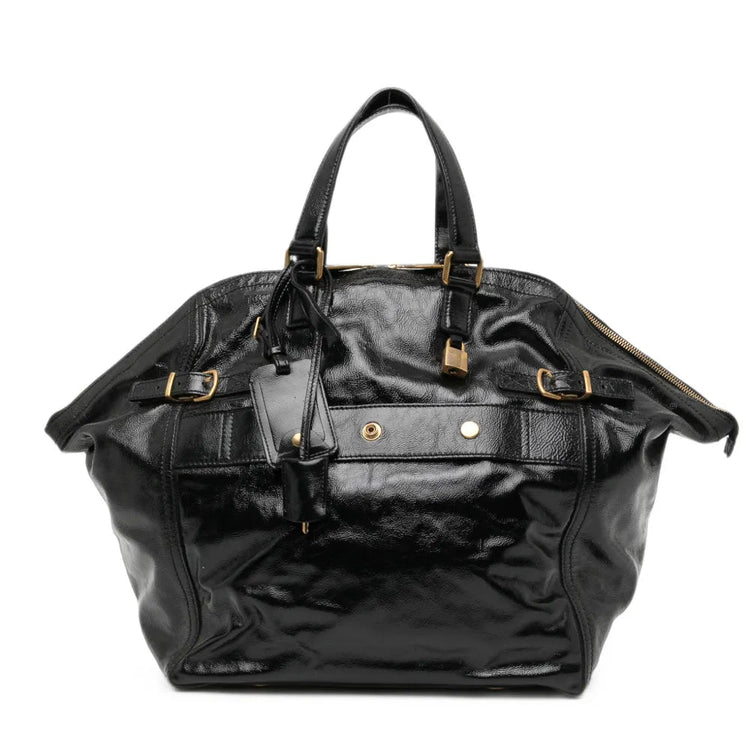 Black Saint Laurent Downtown patent leather tote handbag with sleek design and top handles, featuring a spacious interior.