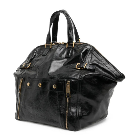 Black Saint Laurent Downtown patent leather tote bag with structured design and top handles, stylish and versatile for everyday use.