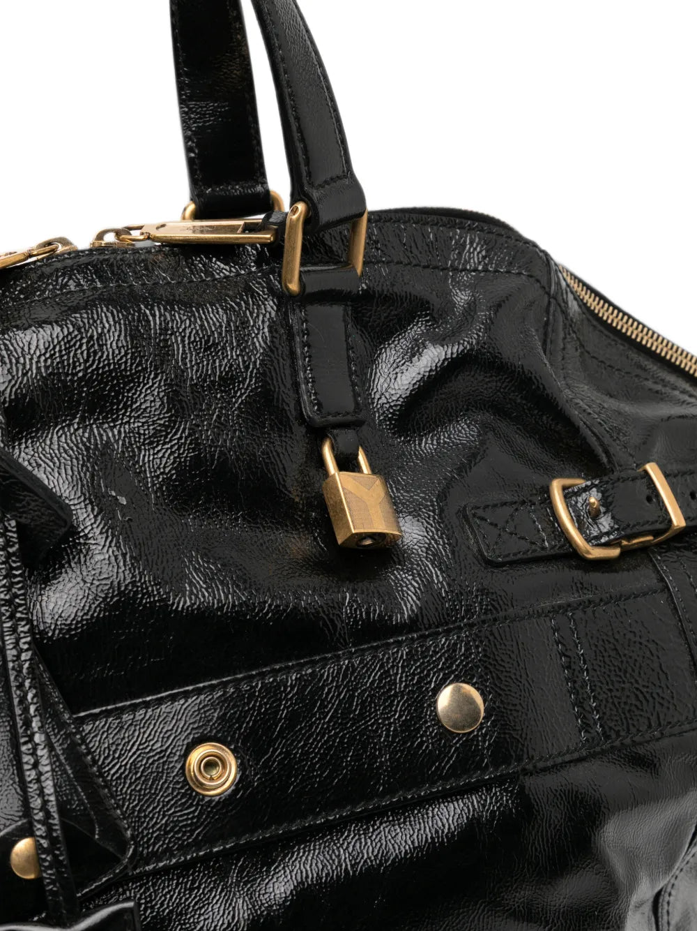 Black Saint Laurent Downtown patent leather tote bag with sleek design and structured silhouette.
