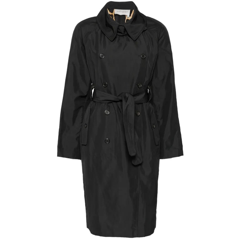 Pre-owned Saint Laurent black trench coat displayed on a hanger, showcasing classic double-breasted design and sleek fabric.