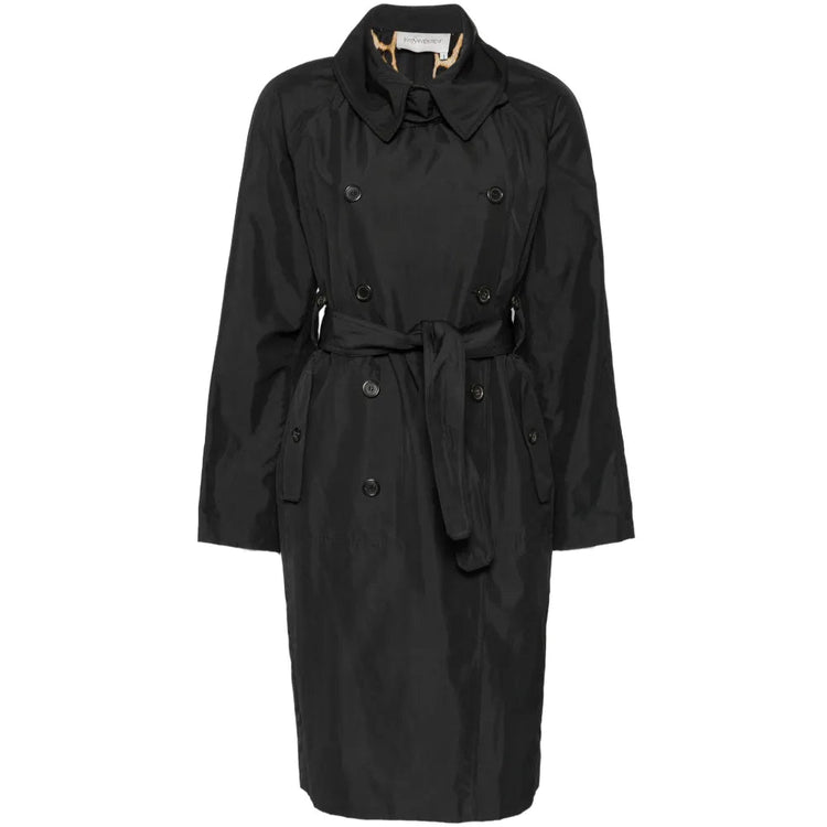 Pre-owned Saint Laurent black trench coat displayed on a hanger, showcasing classic double-breasted design and sleek fabric.