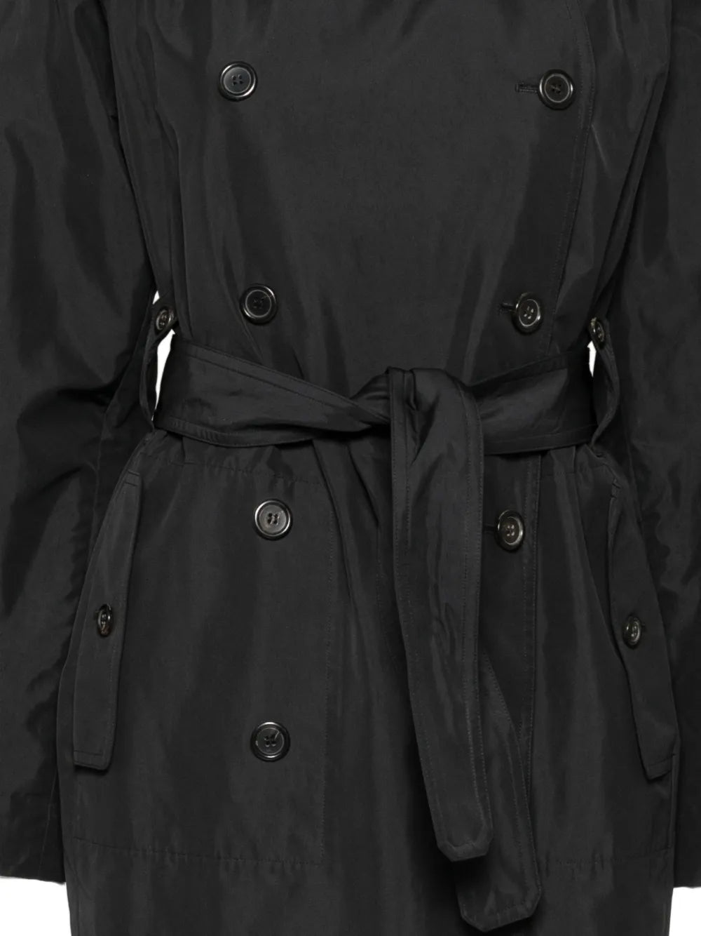 Pre-owned black Saint Laurent trench coat with classic double-breasted design and belt, displayed on a mannequin.
