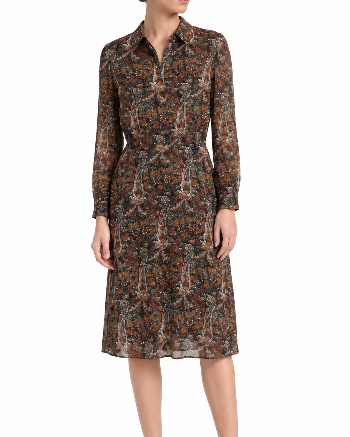 Saint Laurent paisley print midi dress displayed on a hanger, showcasing the flowing fabric and intricate pattern.