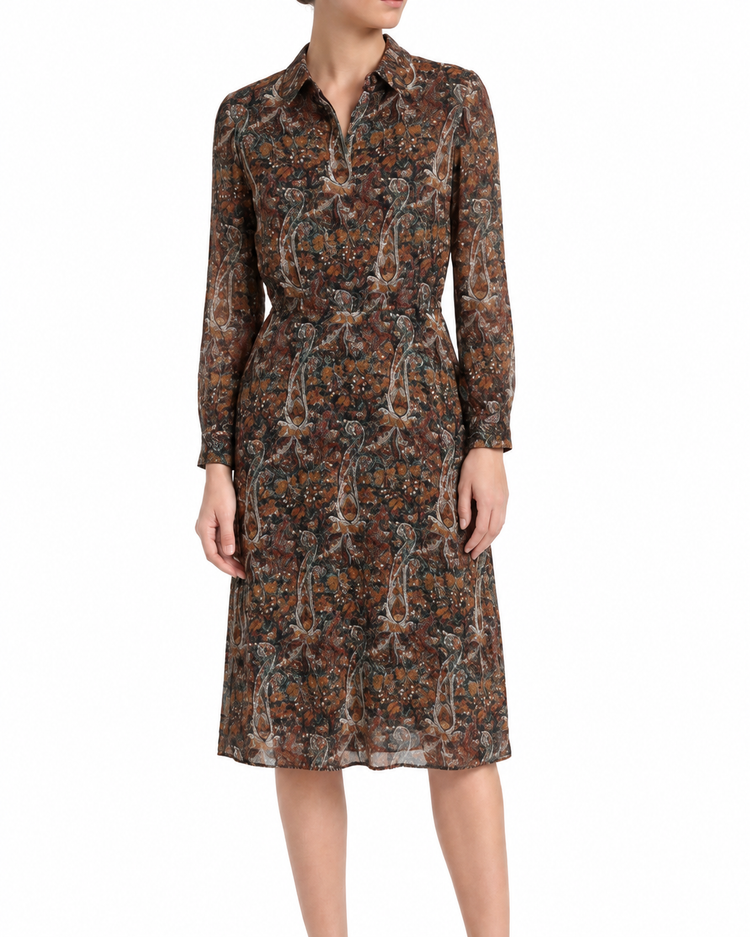 Saint Laurent paisley print midi dress displayed on a hanger, showcasing the flowing fabric and intricate pattern.