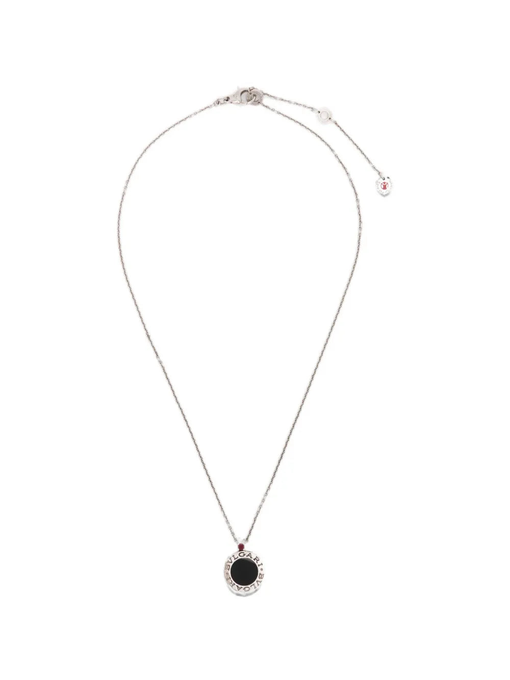 Bvlgari sterling silver Save the Children 10th Anniversary pendant necklace featuring a black onyx disc, a red ruby bail accent, and a Save the Children charm.