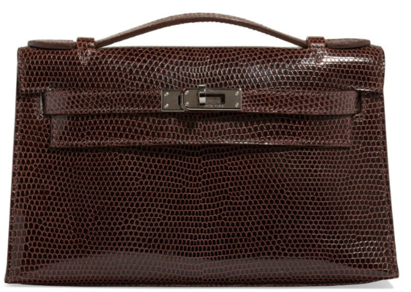 Hermès Chocolat Niloticus Lizard Kelly Pochette handbag with gold hardware, showcasing its luxurious leather and elegant design.