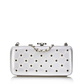 Silver crystal-encrusted Chanel clutch purse, elegant minaudiere with sparkling embellishments and sleek metallic finish.