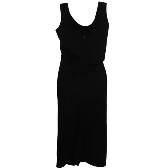 Dior sleeveless draped dress displayed on a hanger, showcasing elegant fabric and stylish design.
