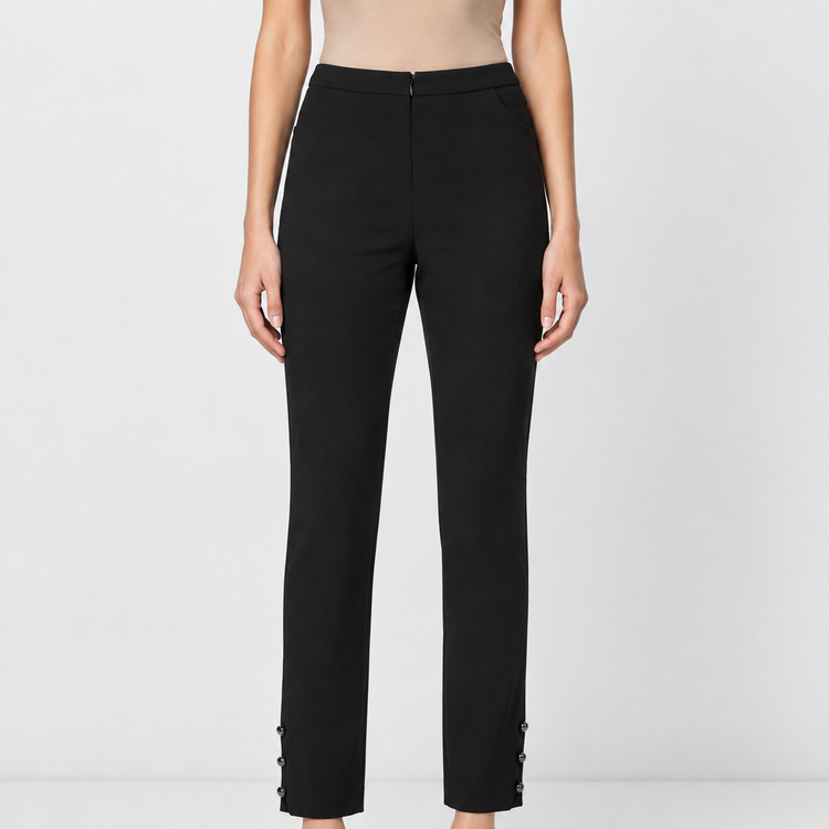 Chanel black silk trousers with tailored fit and ankle button details, featuring a sleek and elegant design.