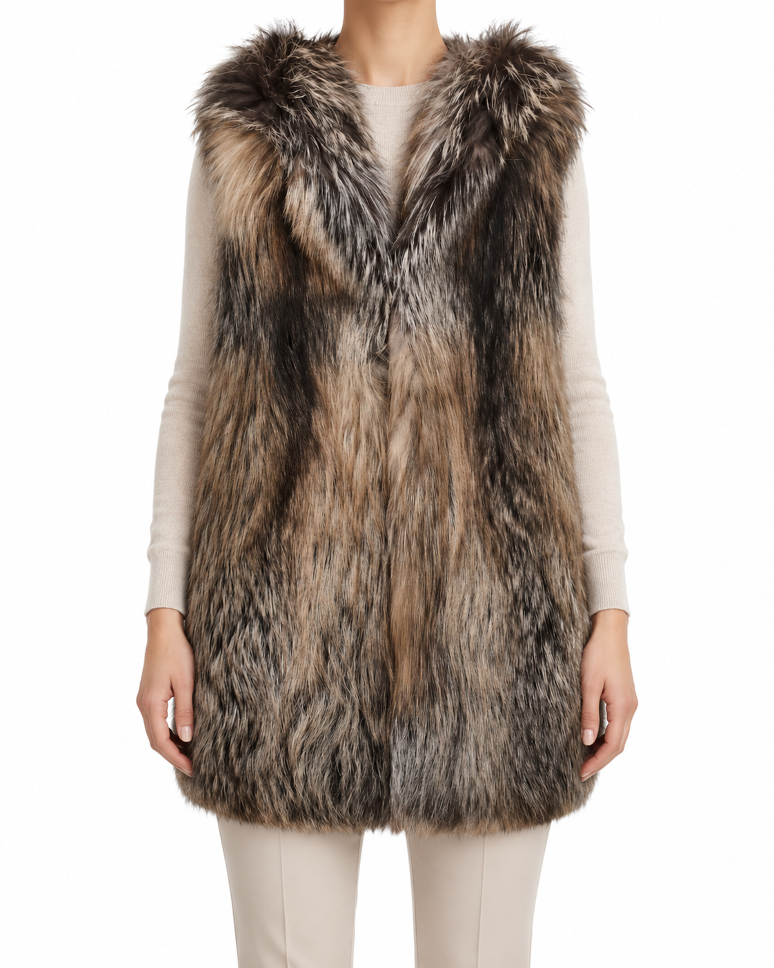 The Row hooded fur gilet, stylish coat with a fur-lined hood and sleeveless design, displayed on a model.