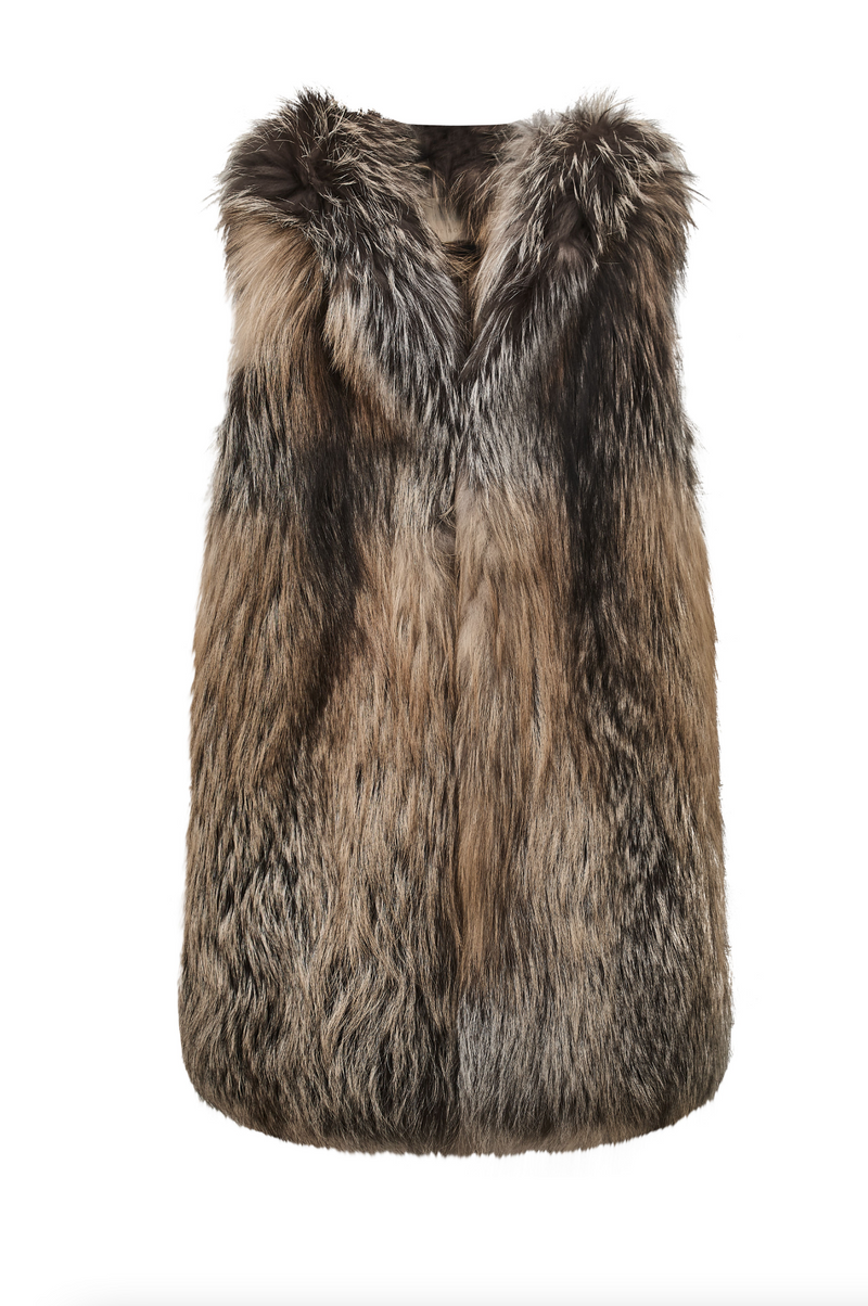 The Row hooded fur gilet, stylish coat with a fur-lined hood and sleeveless design, displayed on a model.