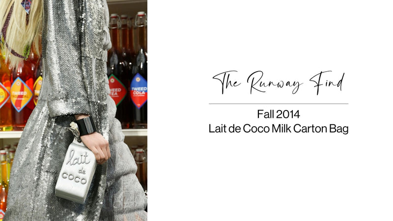 Chanel Lait de Coco Milk Carton Bag in metallic silver with structured carton shape, top handle, chain strap, pearl-style lettering and novelty runway design.