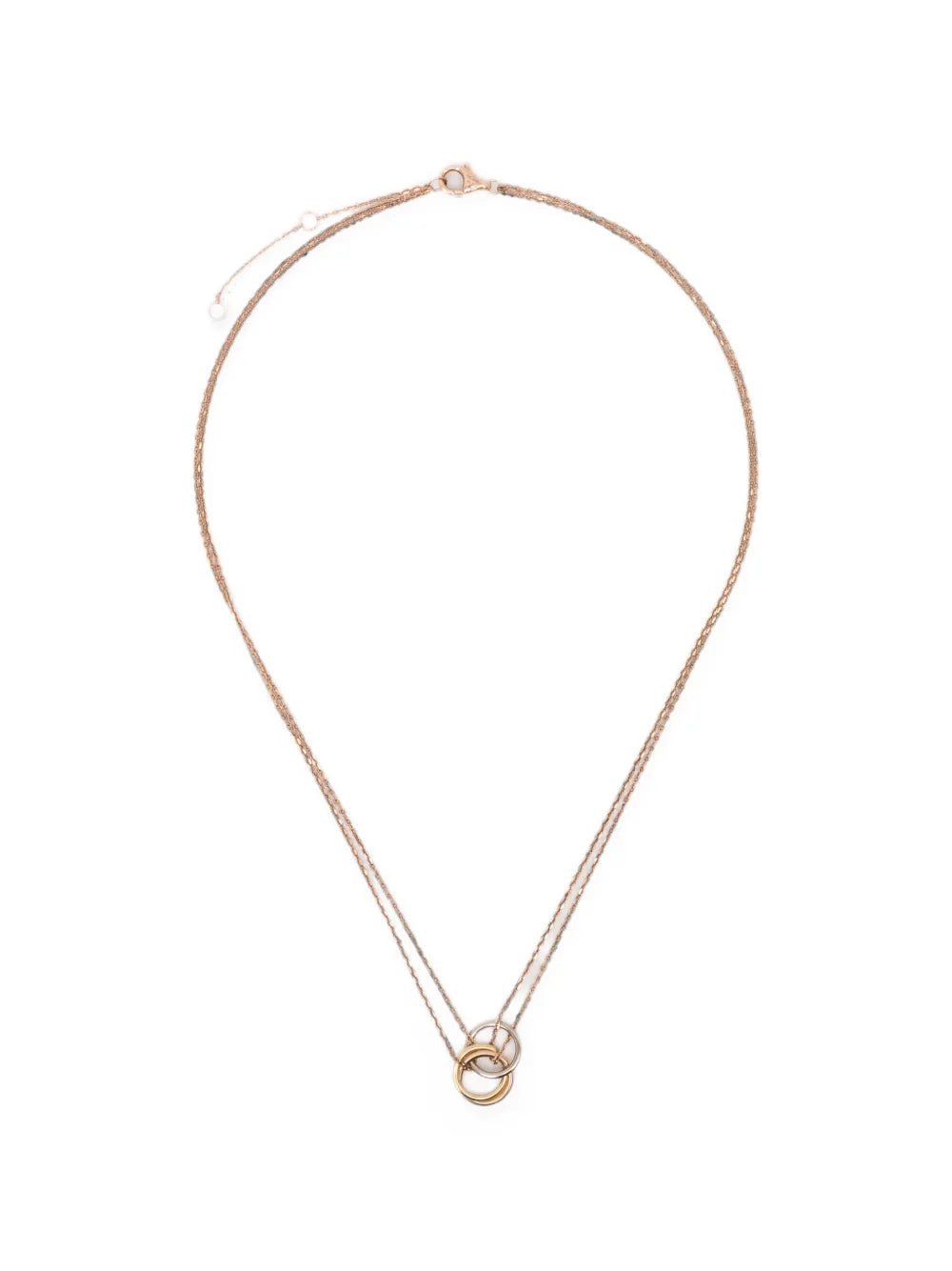 Cartier 18K tricolor yellow, white, and rose gold Trinity mini pendant necklace suspended on a double chain with a lobster clasp.