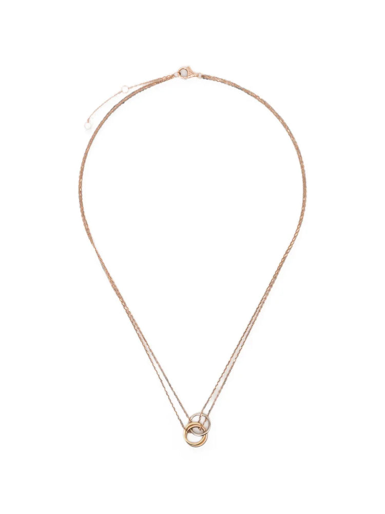 Cartier 18K tricolor yellow, white, and rose gold Trinity mini pendant necklace suspended on a double chain with a lobster clasp.