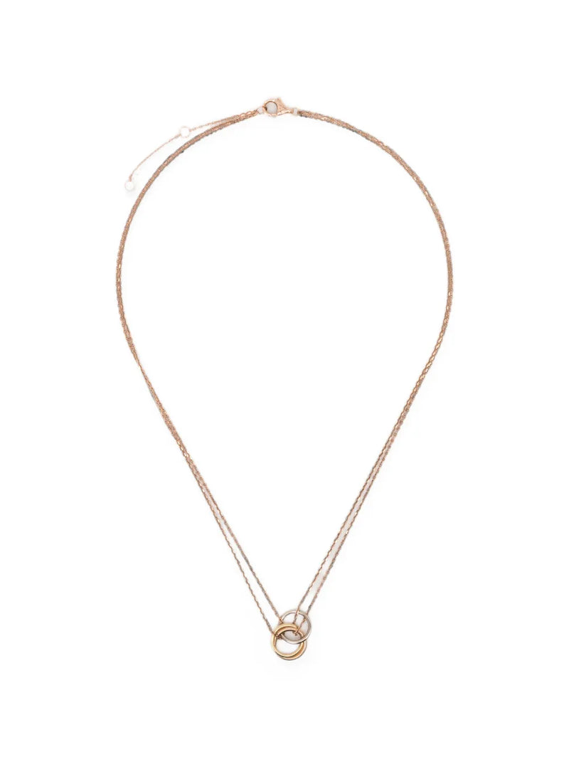 Cartier 18K tricolor yellow, white, and rose gold Trinity mini pendant necklace suspended on a double chain with a lobster clasp.