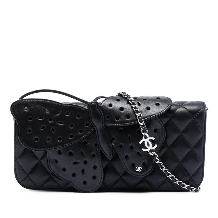 Chanel quilted lambskin butterfly clutch with chain strap for shoulder wear, featuring a textured quilted design and elegant craftsmanship.