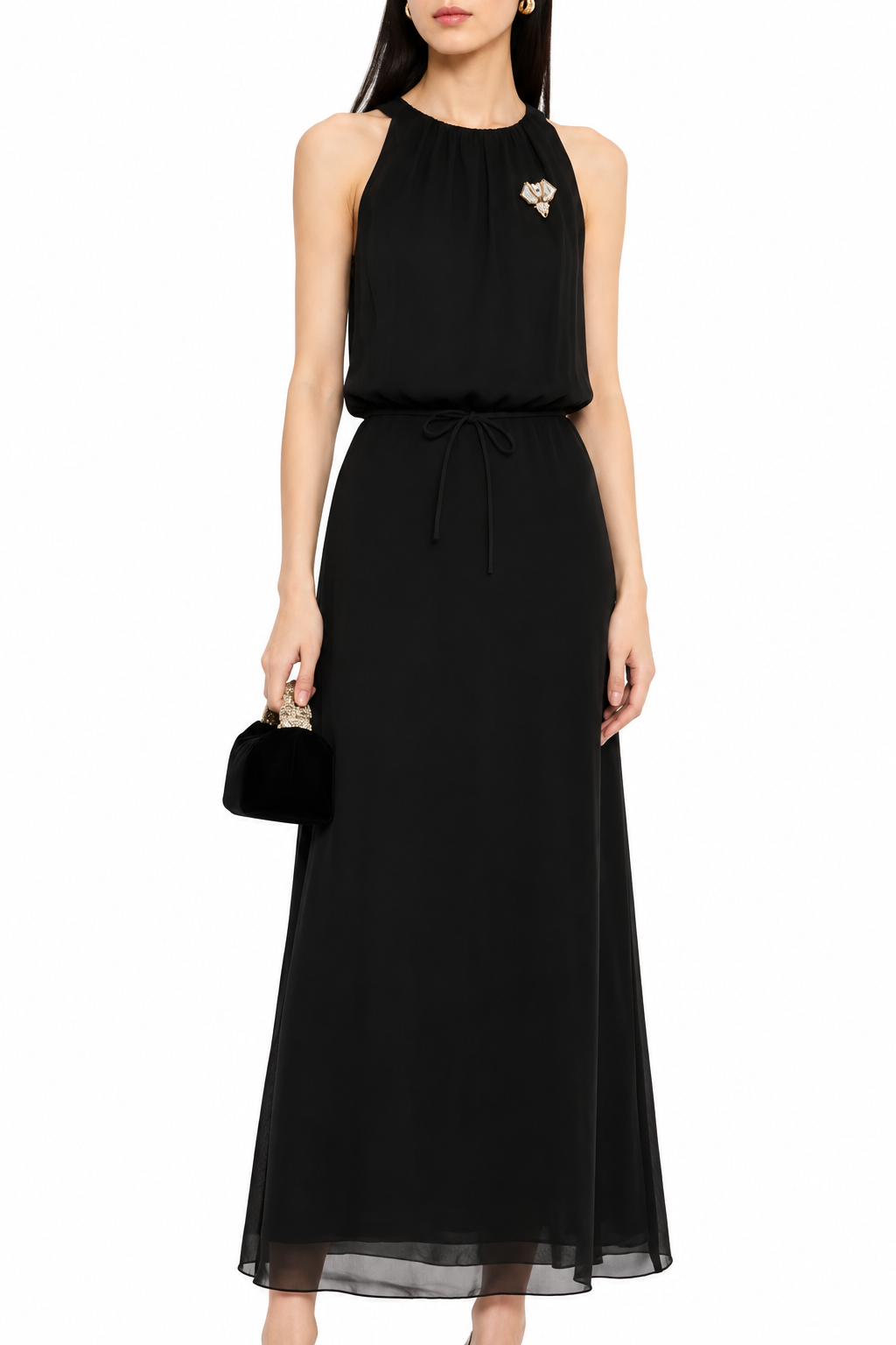 Elegant Valentino black silk gown dress with flowing chiffon fabric, showcased in a portrait image.