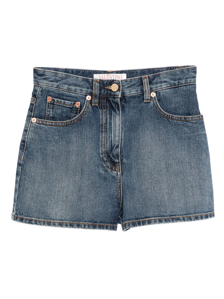 Valentino denim shorts with distressed details and rolled cuffs, stylish casual shorts for summer wear.