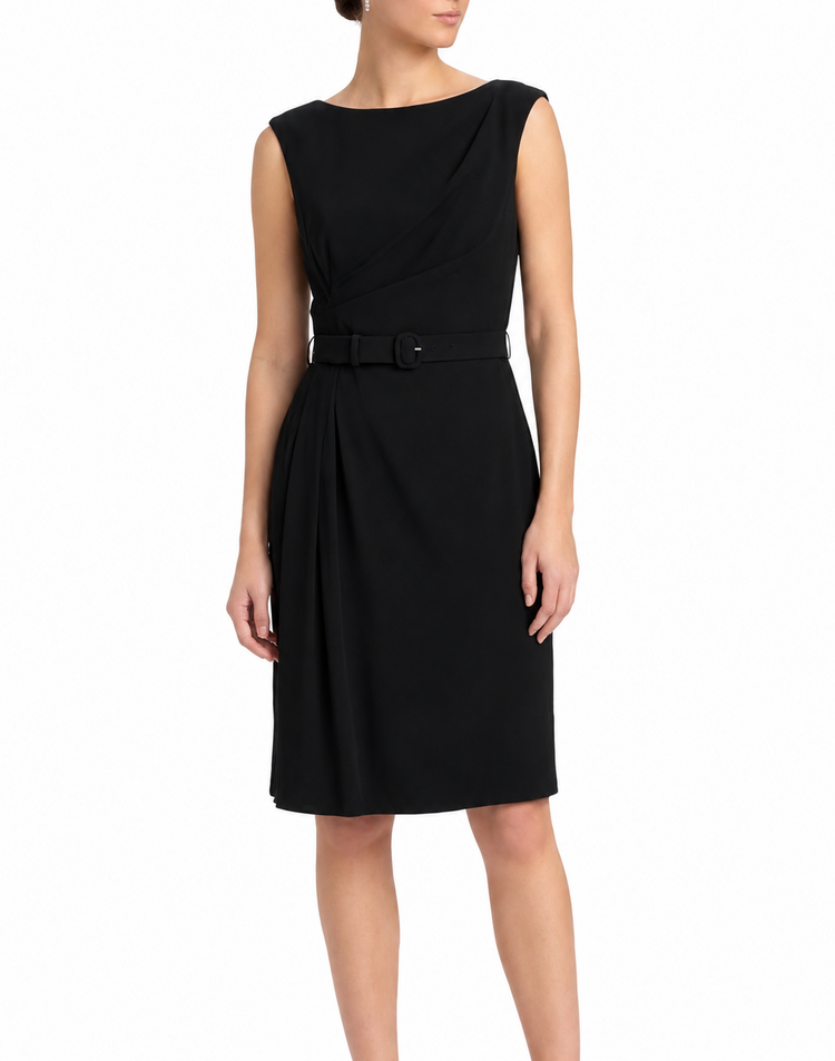 Valentino draped belted dress featuring elegant fabric and a stylish waist belt, perfect for sophisticated occasions.