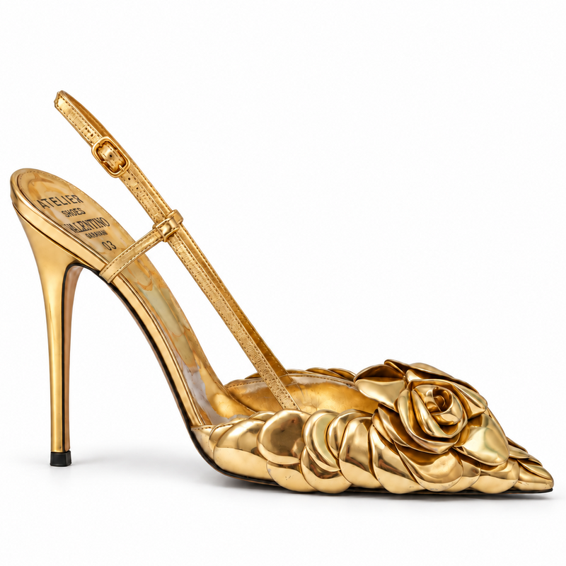 Valentino Atelier 03 Rose Edition metallic slingback pumps featuring a sleek design and elegant heel, perfect for stylish occasions.