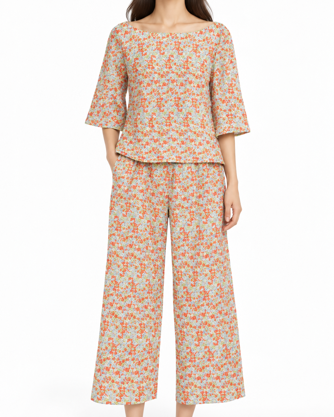 Versace multicolour ditsy floral embroidered trousers set with matching top, featuring vibrant floral patterns and intricate stitching.